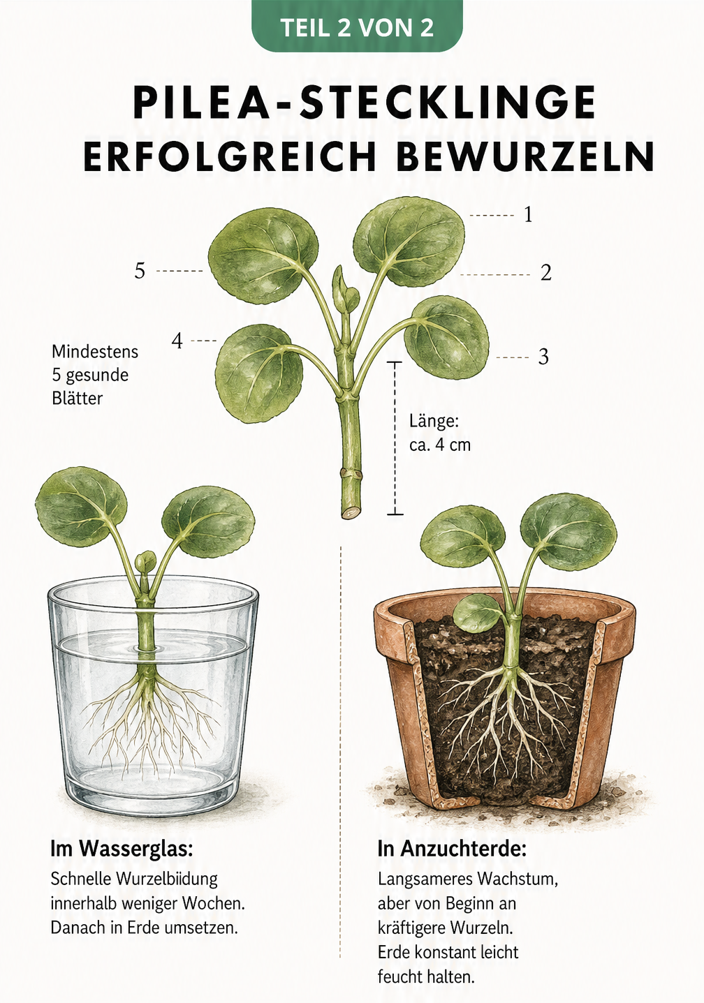 Illustration eines Pilea-Stecklings und zwei Bewurzelungsmethoden im Wasserglas und in Anzuchterde