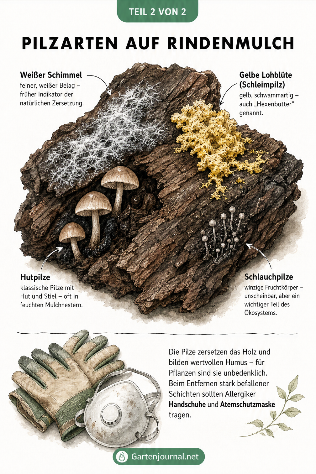 Nahaufnahme eines Rindenstücks mit vier typischen Pilzarten: Weißer Schimmel, Hutpilze, Gelbe Lohblüte und Schlauchpilze.