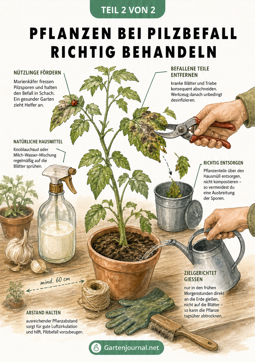 Illustration eines Pflanztisches mit Gartenschere, Sprühflasche mit Hausmitteln, Marienkäfer und Gießkanne zur Behandlung von Pilzbefall.