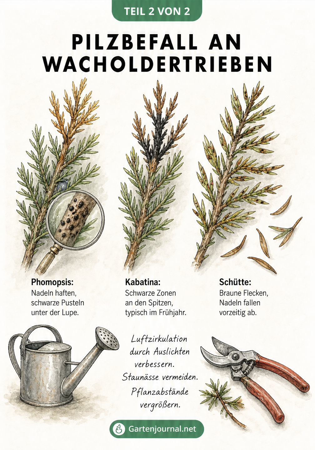 Illustration von Wacholdertrieben mit Symptomen von Phomopsis, Kabatina und Schütte
