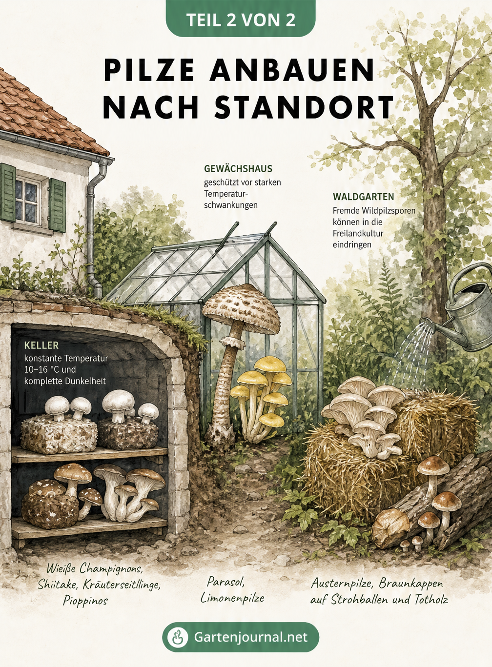 Querschnitt eines Grundstücks mit Pilzanbau im Keller, Gewächshaus und Waldgarten