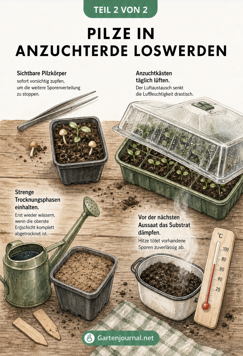 Illustration eines Pflanztisches mit Gartenutensilien und Tipps zur Bekämpfung von Pilzen in Anzuchterde