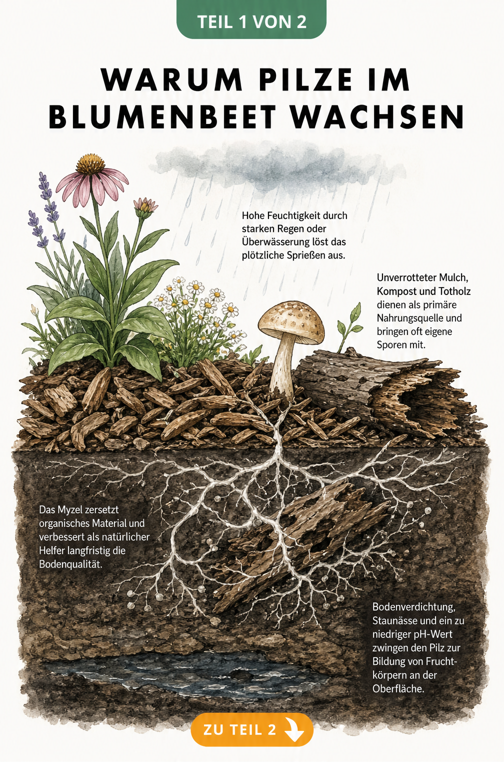 Querschnitt eines Gartenbodens mit Pilz, Rindenmulch und Myzel unter der Erde