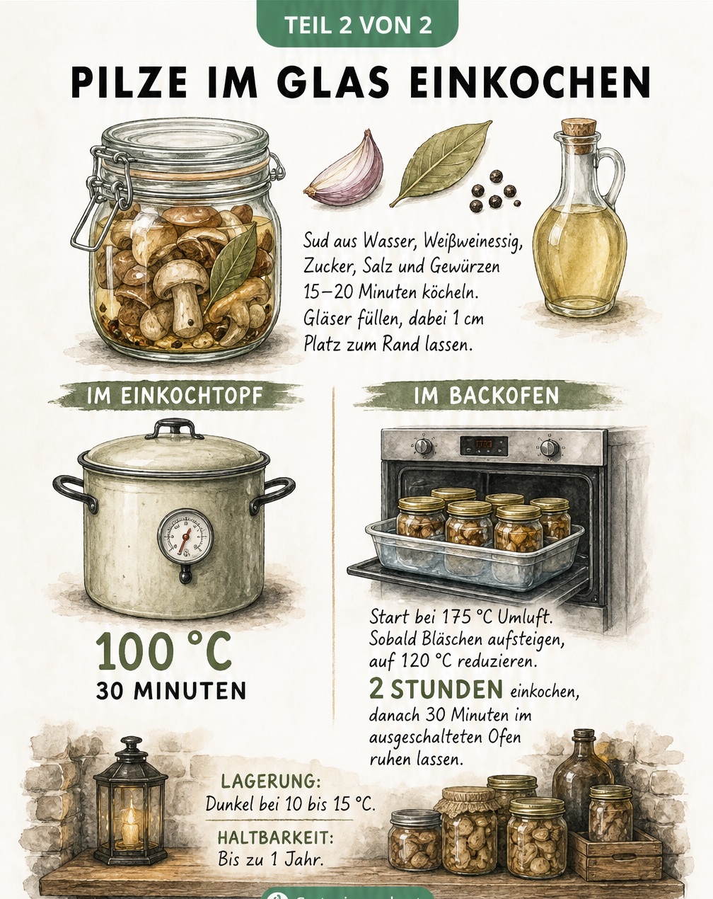 Illustration eines Einmachglases mit Sud-Zutaten sowie Einkochtopf und Backofen mit Temperaturangaben