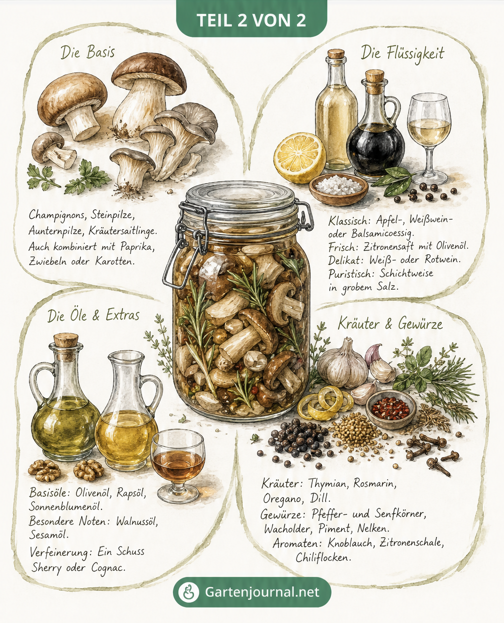 Illustration verschiedener Zutaten zum Verfeinern von eingelegten Pilzen: Pilzsorten, Essig, Öle, Kräuter und Gewürze.