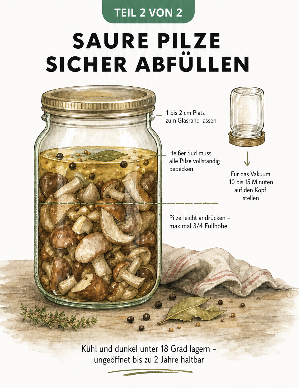 Schnittzeichnung eines Einmachglases mit eingelegten Pilzen, Sud und Füllhöhen