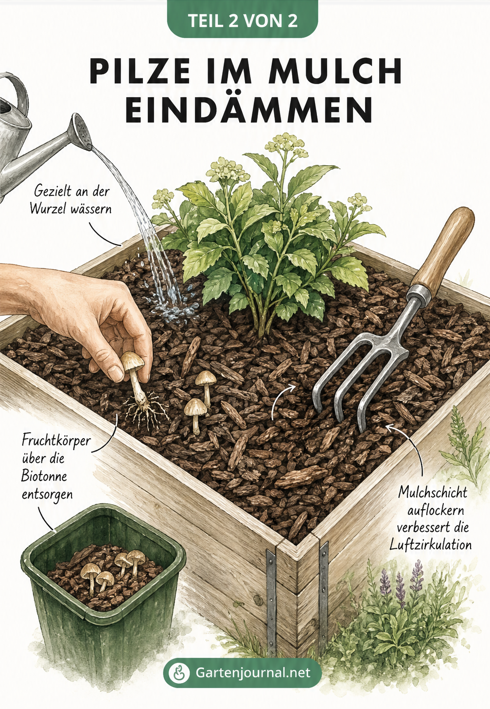Isometrische Darstellung eines Gartenbeets mit Tipps zur Eindämmung von Pilzen im Mulch