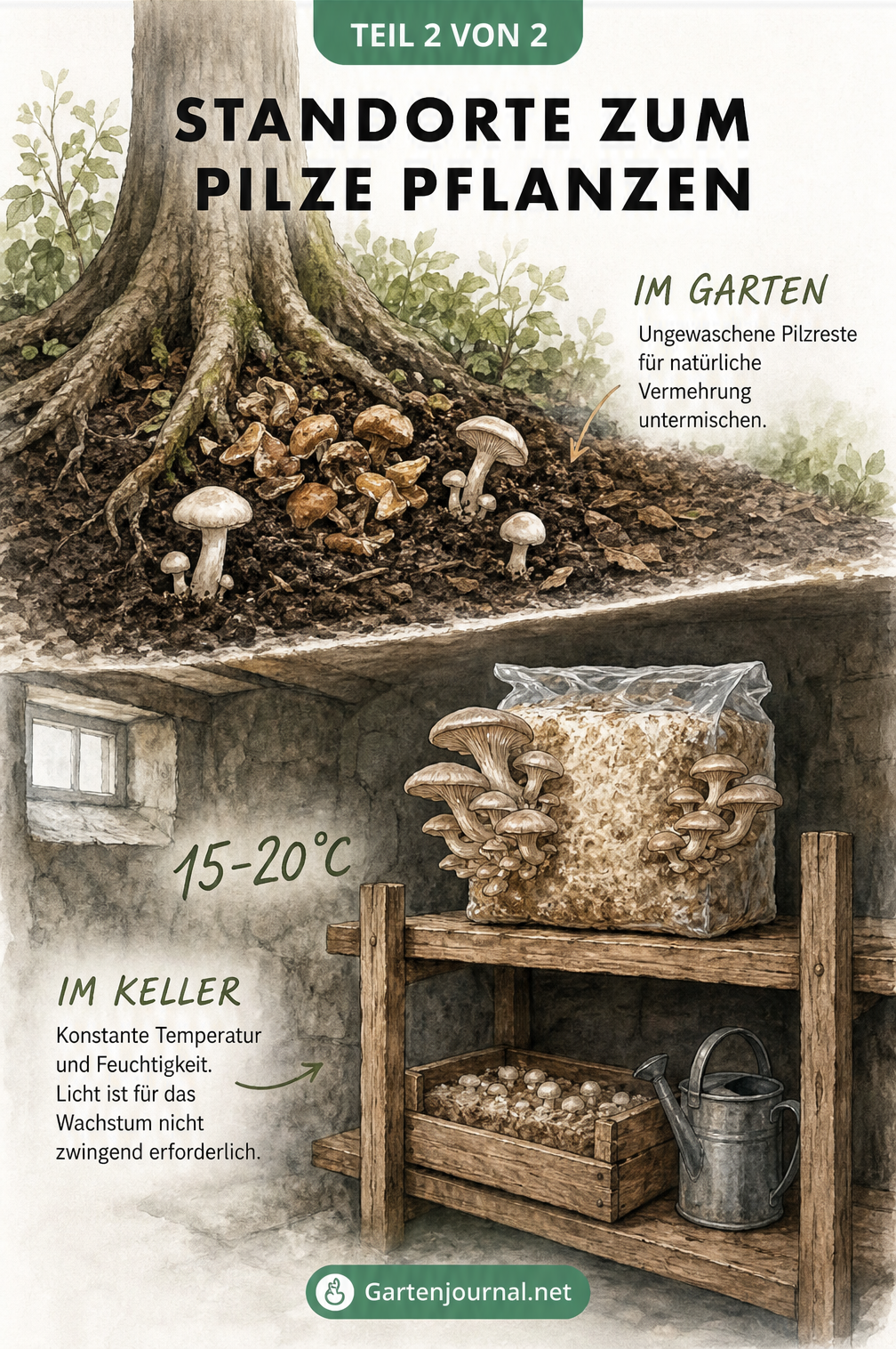 Querschnitt-Illustration von Pilzstandorten: Pilze wachsen im schattigen Garten unter Baumwurzeln und im dunklen Keller auf einem Regal bei 15 bis 20 Grad.