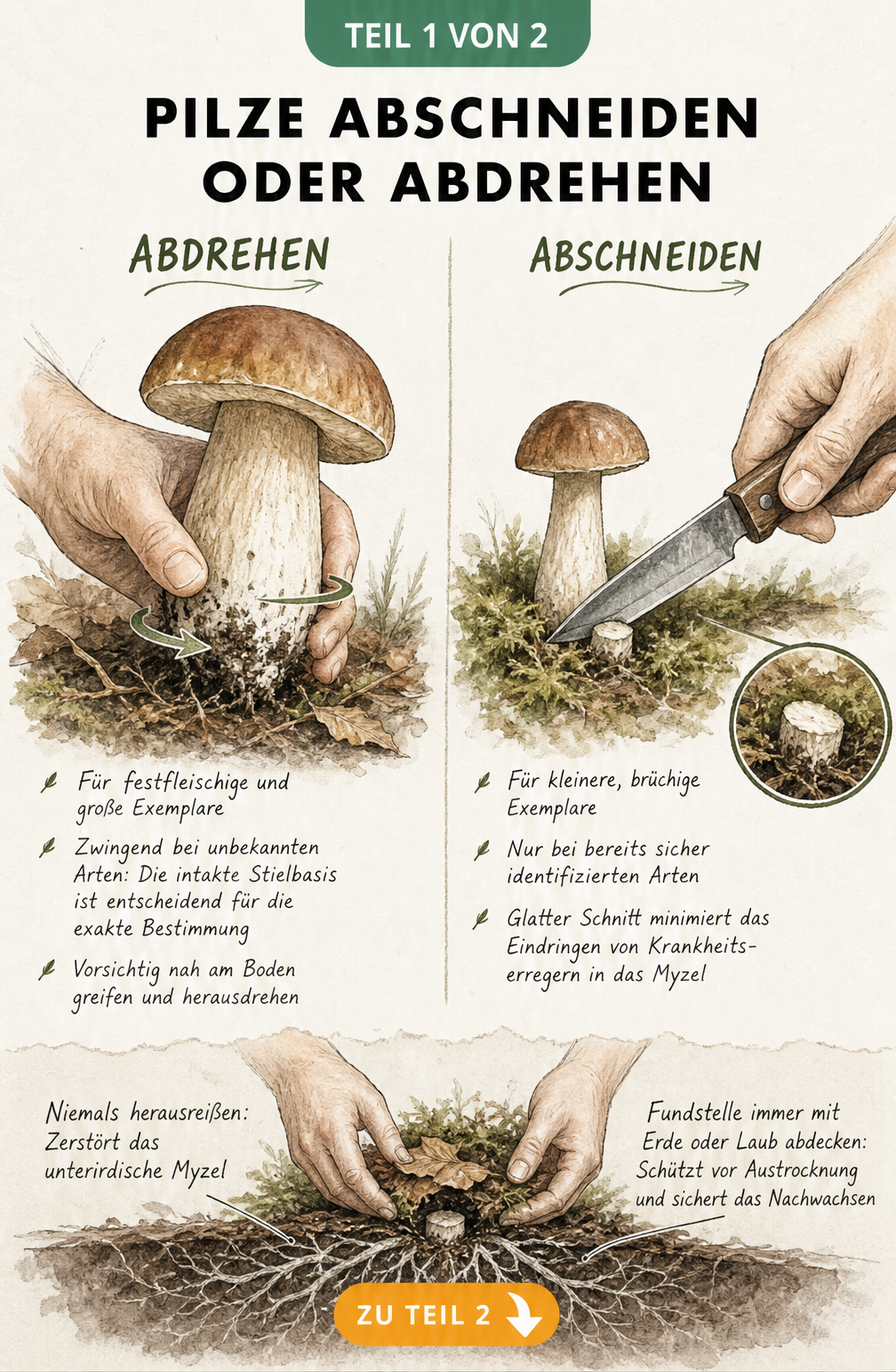 Illustration, die das Abdrehen und Abschneiden von Pilzen im Wald vergleicht, inklusive Myzel-Schutz