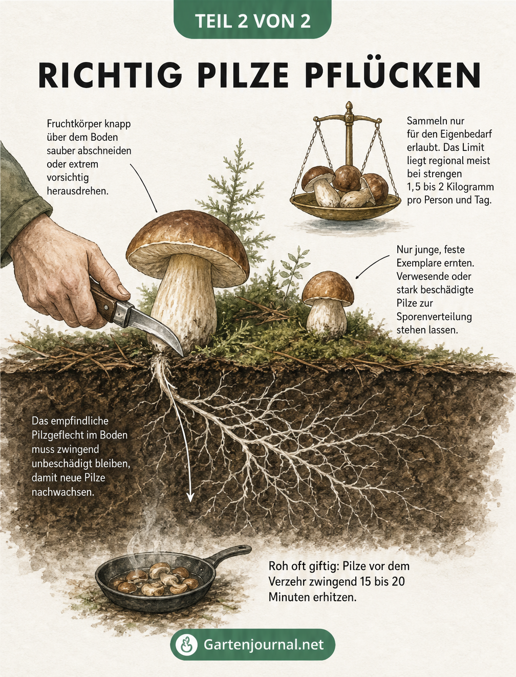 Querschnitt eines Waldbodens mit Pilz, Myzel und einer Hand, die einen Pilz abschneidet