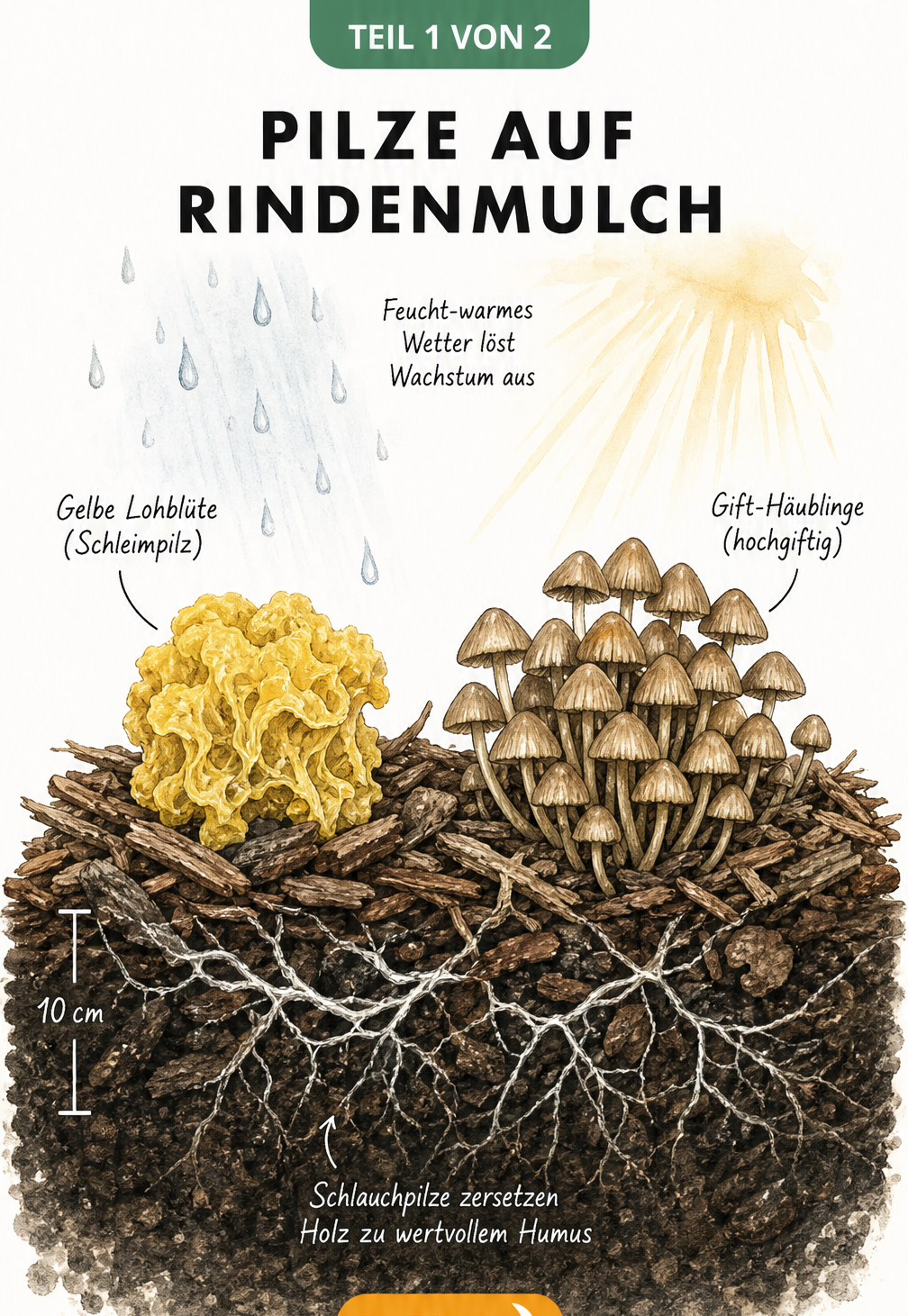 Querschnitt eines Gartenbeets mit Rindenmulch, Wurzelnetz und Pilzen wie Gelbe Lohblüte und Gift-Häublinge
