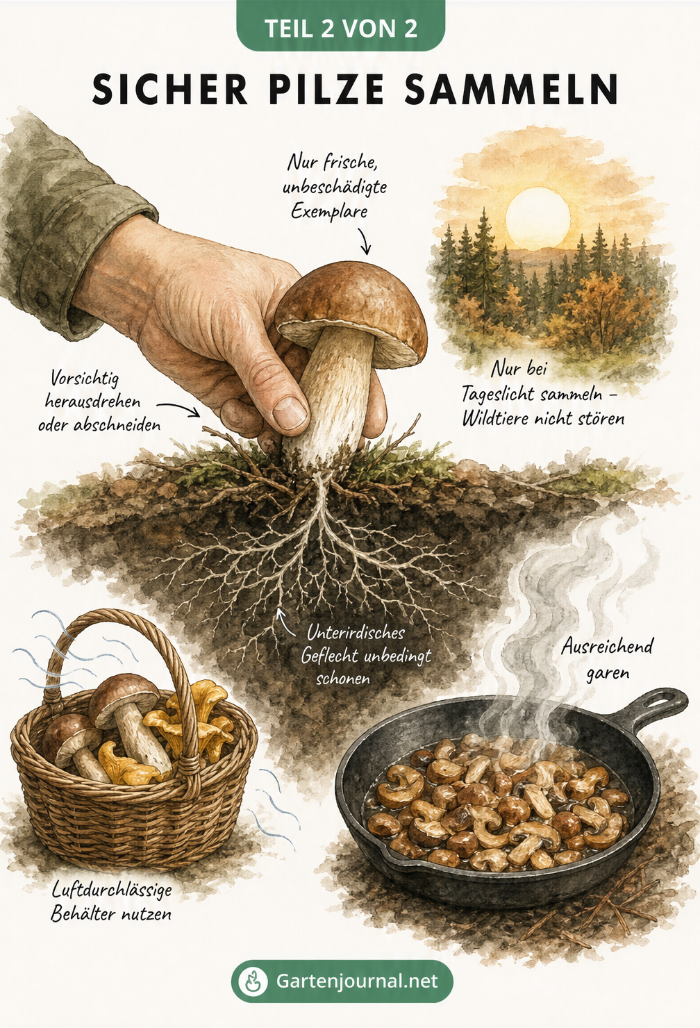 Zeichnung einer Hand, die einen Pilz vorsichtig über dem Waldboden erntet, mit Tipps zu Transport, Tageszeit und Zubereitung