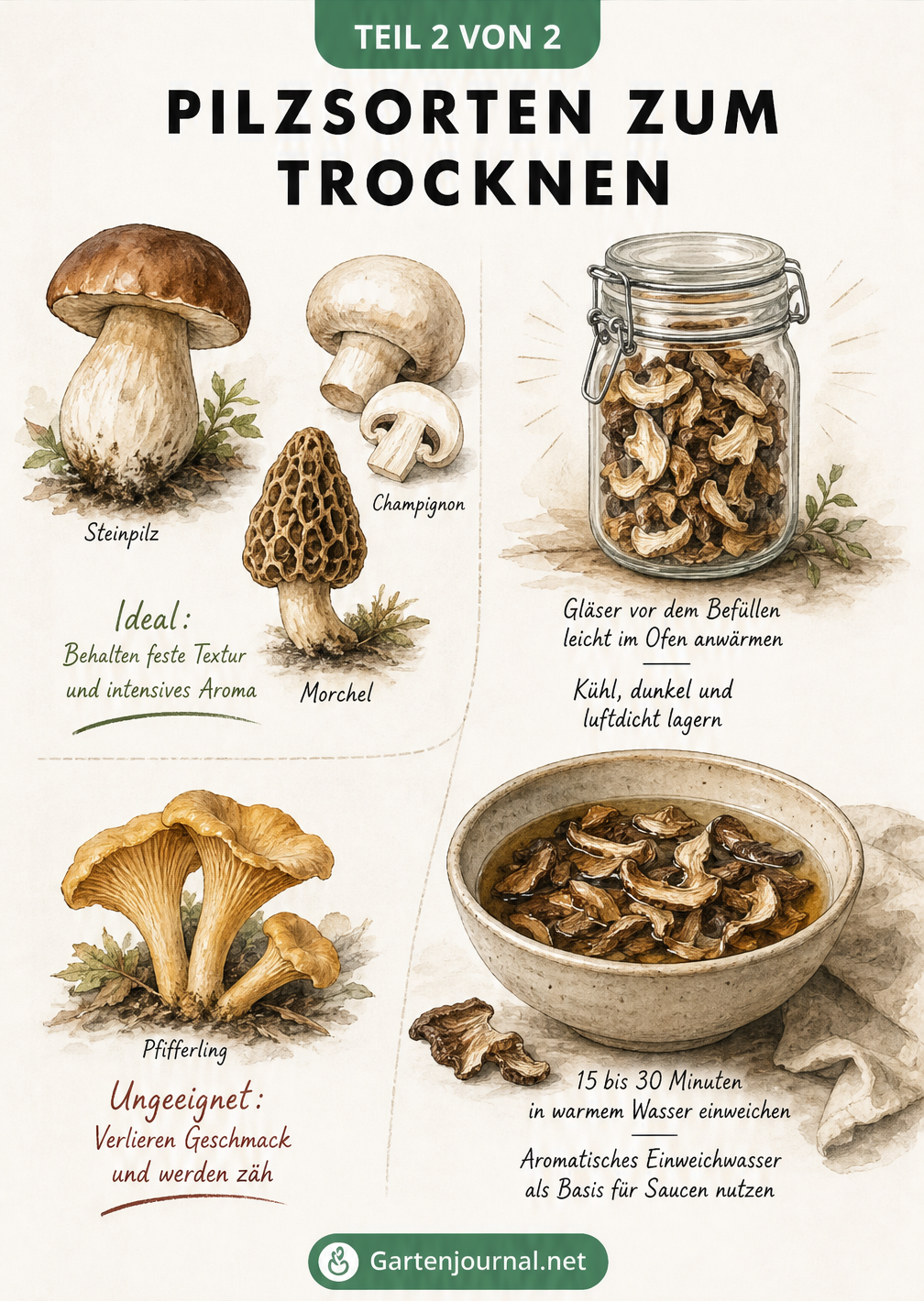 Illustration der drei Methoden zum Pilze trocknen: im Dörrgerät bei 40 bis 50 Grad, im Backofen mit leicht geöffneter Tür und an der Luft an einer Schnur im...