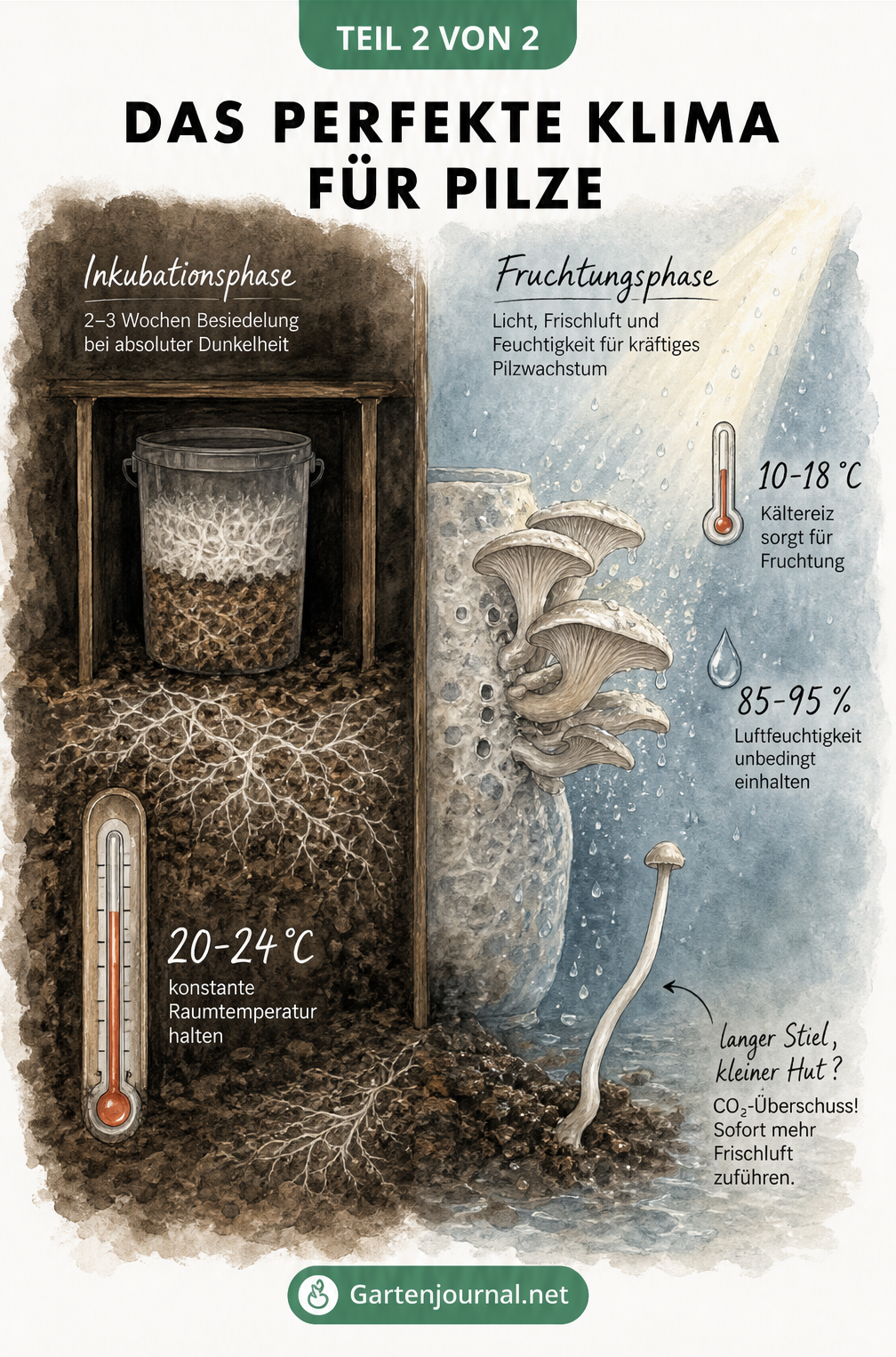 Zweiteilige Illustration zeigt die Inkubationsphase im Dunkeln und die Fruchtungsphase im Hellen mit Temperaturangaben