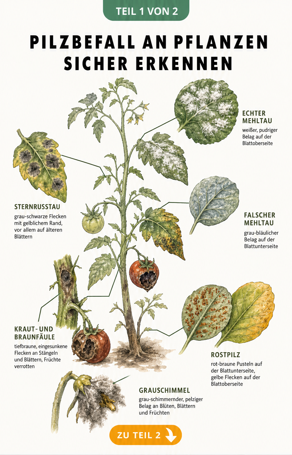 Botanische Illustration einer Pflanze mit typischen Schadbildern von Pilzkrankheiten wie Mehltau, Sternrußtau, Kraut- und Braunfäule, Rostpilz und Grauschimmel.