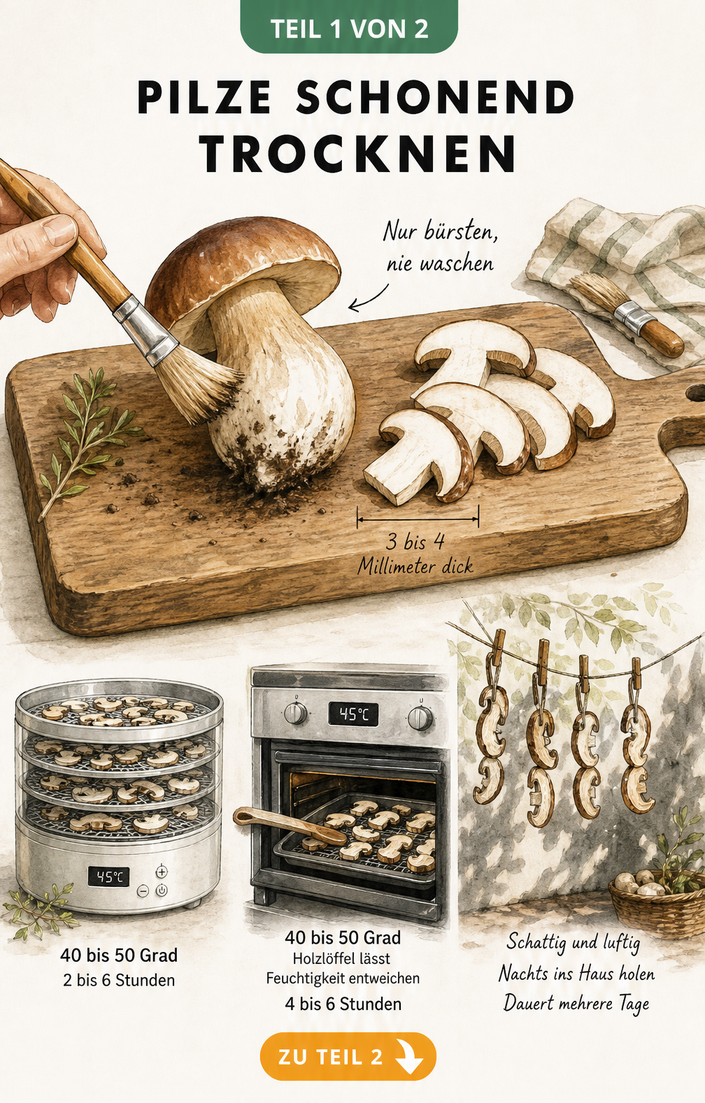 Illustration verschiedener Pilzsorten wie Steinpilz, Champignon und Morchel, die sich gut zum Trocknen eignen, sowie ein Pfifferling, der ungeeignet ist....