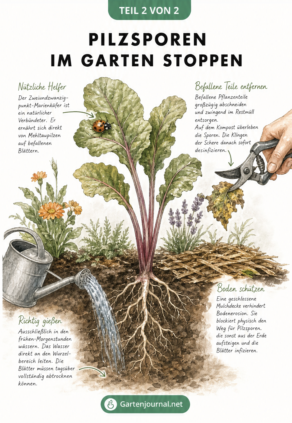Querschnitt durch ein Gartenbeet mit Wurzeln, Mulchschicht und Marienkäfer zur Vorbeugung von Pilzsporen