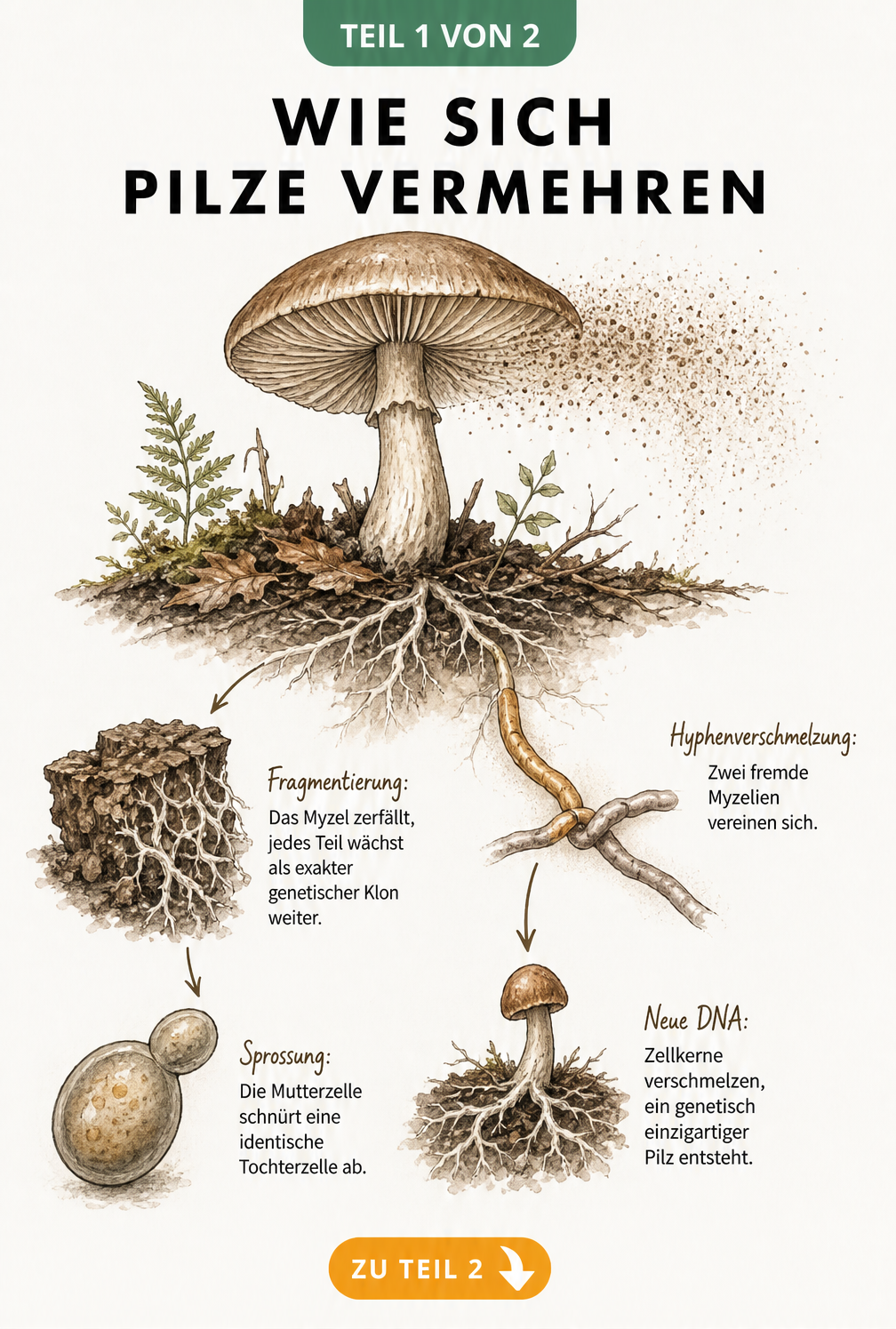 Illustration der ungeschlechtlichen und geschlechtlichen Vermehrung von Pilzen mit Sporenwolke und Myzel