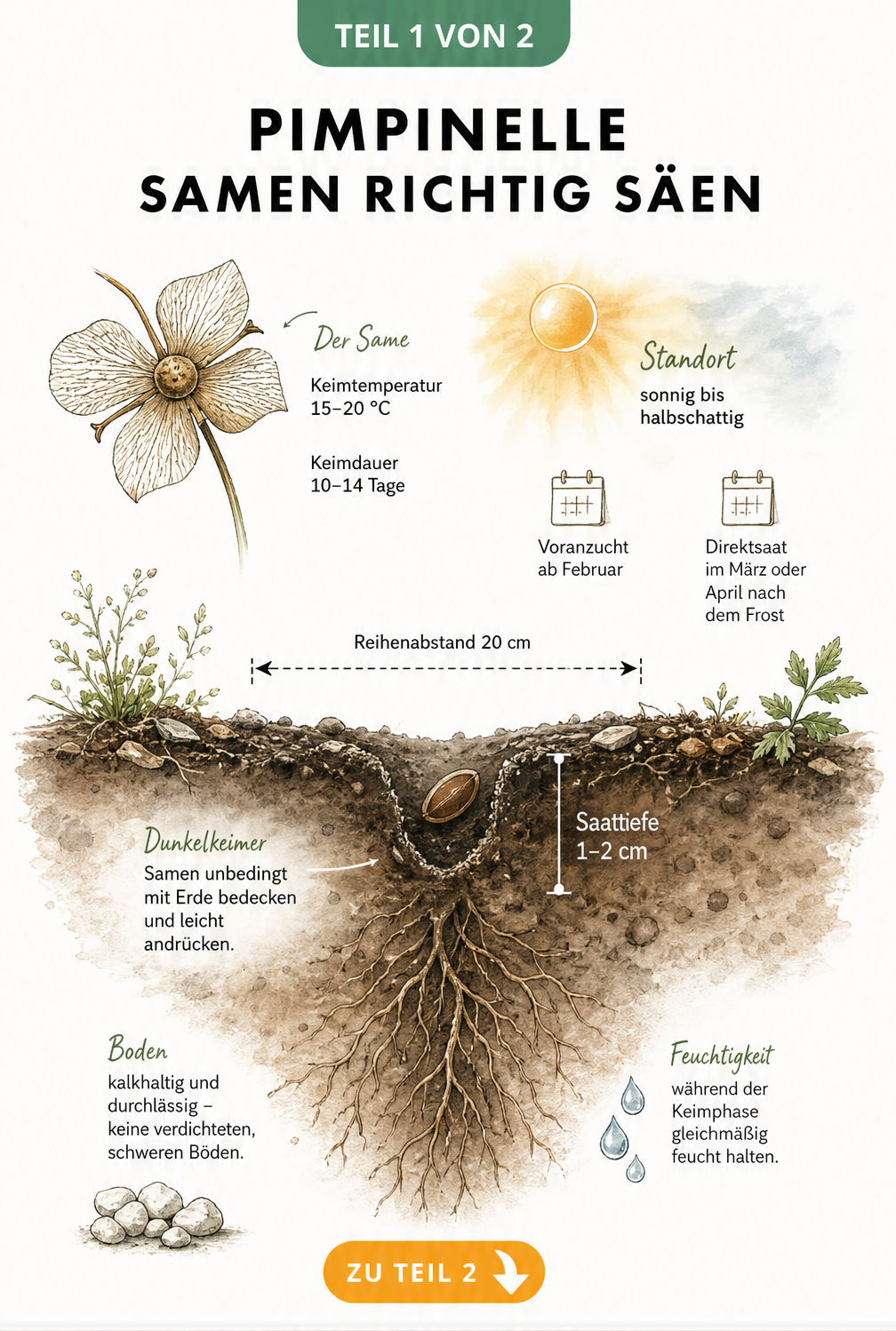 Botanische Illustration eines Erdquerschnitts mit Pimpinelle-Samen, Keimbedingungen und Saattiefe