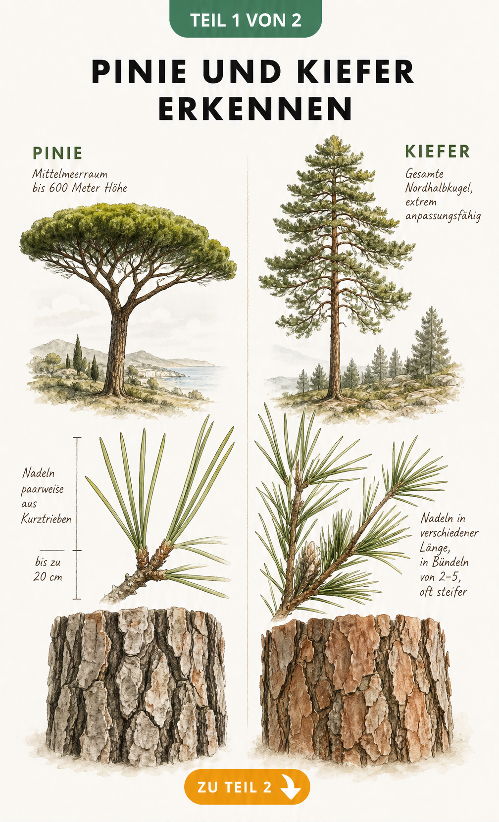 Botanische Gegenüberstellung von Pinie und Kiefer mit Fokus auf Kronenform, Nadeln und Rindenstruktur