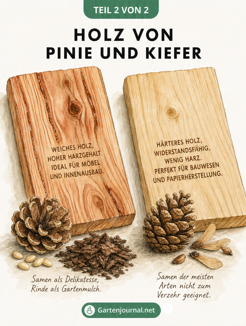 Vergleich von Pinienholz und Kiefernholz mit Maserung, Zapfen und Samen