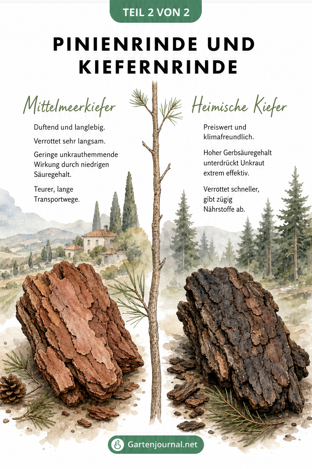Gegenüberstellung von Pinienrinde und Kiefernrinde mit ihren jeweiligen Eigenschaften und Vorteilen