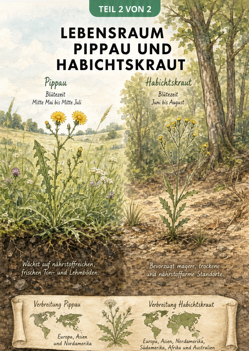 Illustration der Lebensräume von Pippau auf einer Wiese und Habichtskraut am Waldrand