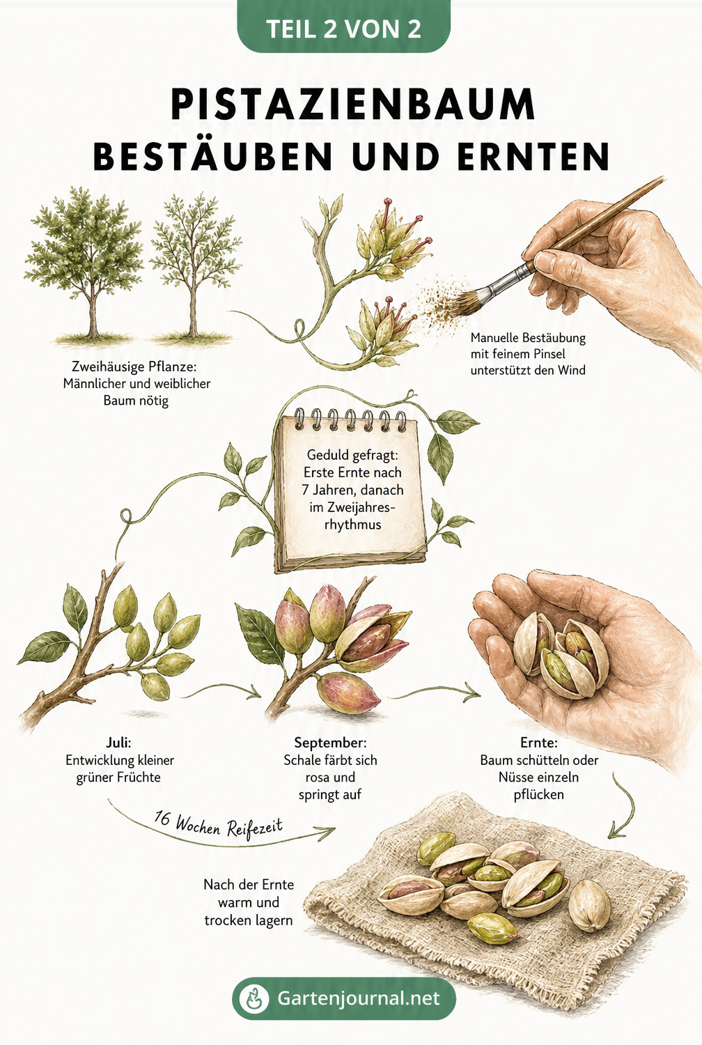 Illustration der Bestäubung von Pistazienblüten mit einem Pinsel und der Entwicklung der Früchte bis zur Ernte