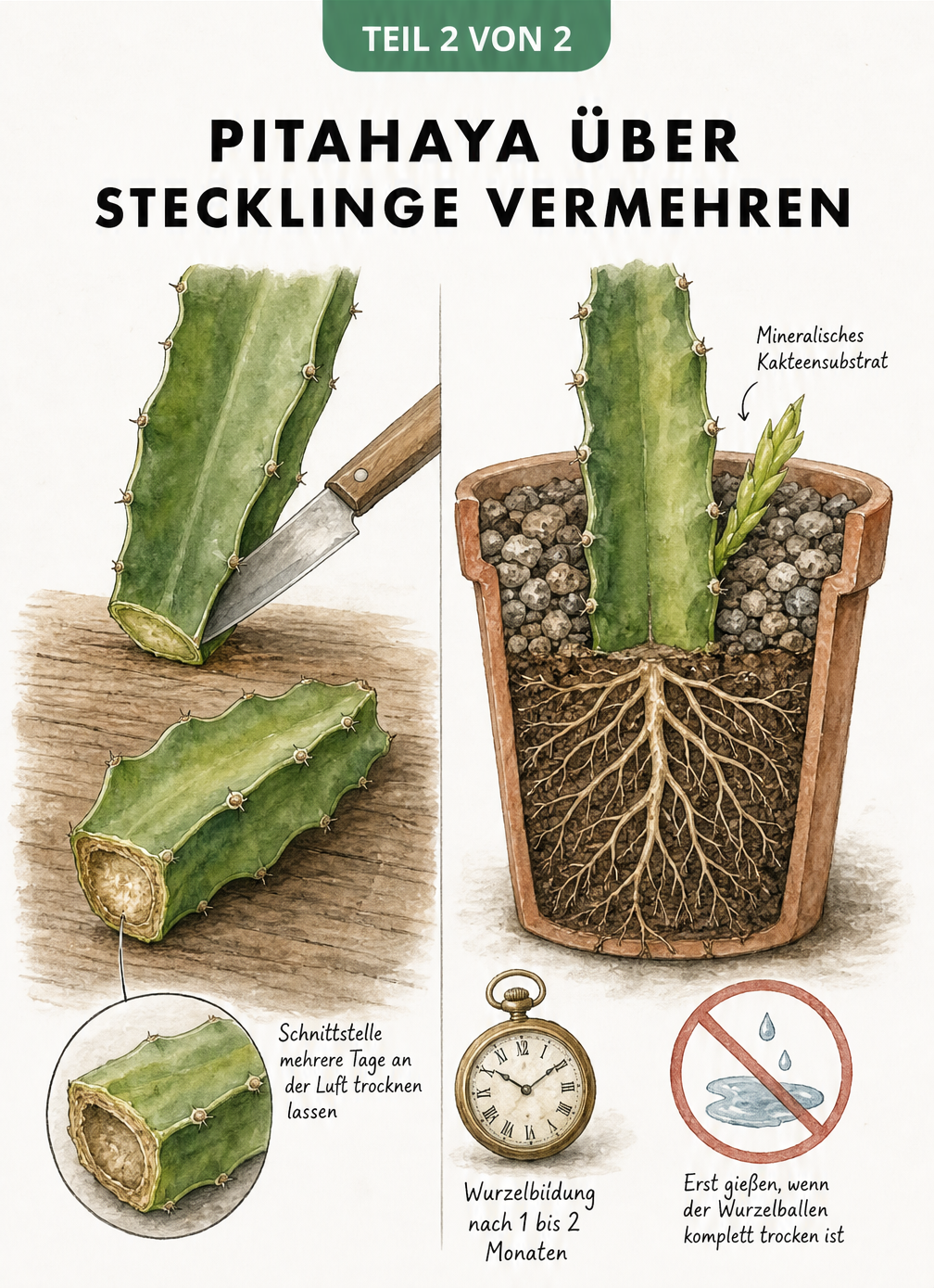 Aquarellierte Anleitung zur Vermehrung der Pitahaya über Stecklinge, vom Schnitt des Blattglieds bis zur Wurzelbildung im Topf.