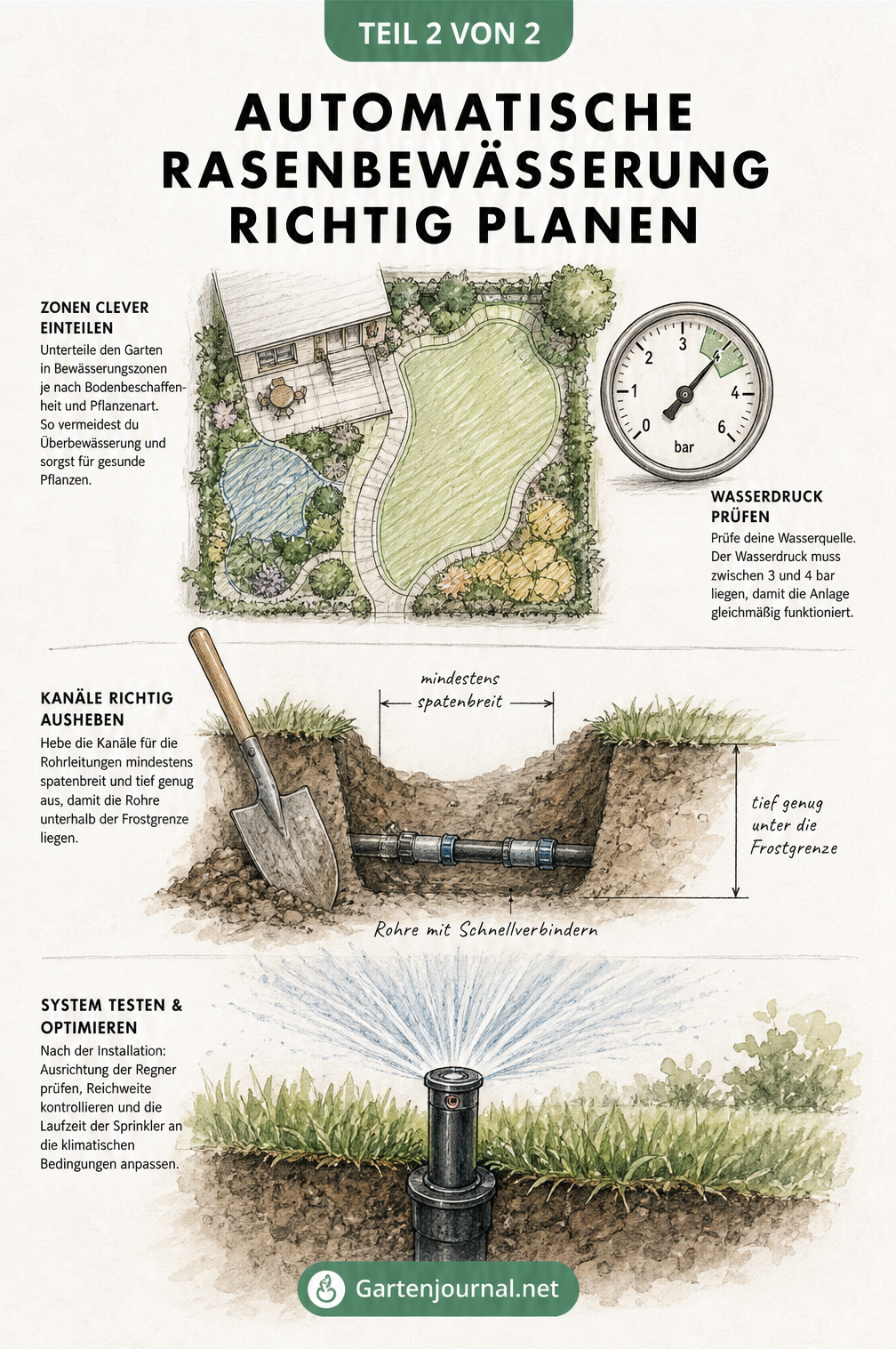 Bauplan für die automatische Rasenbewässerung mit Gartenaufsicht, Schnittzeichnung des Erdaushubs und Nahaufnahme eines Versenkregners