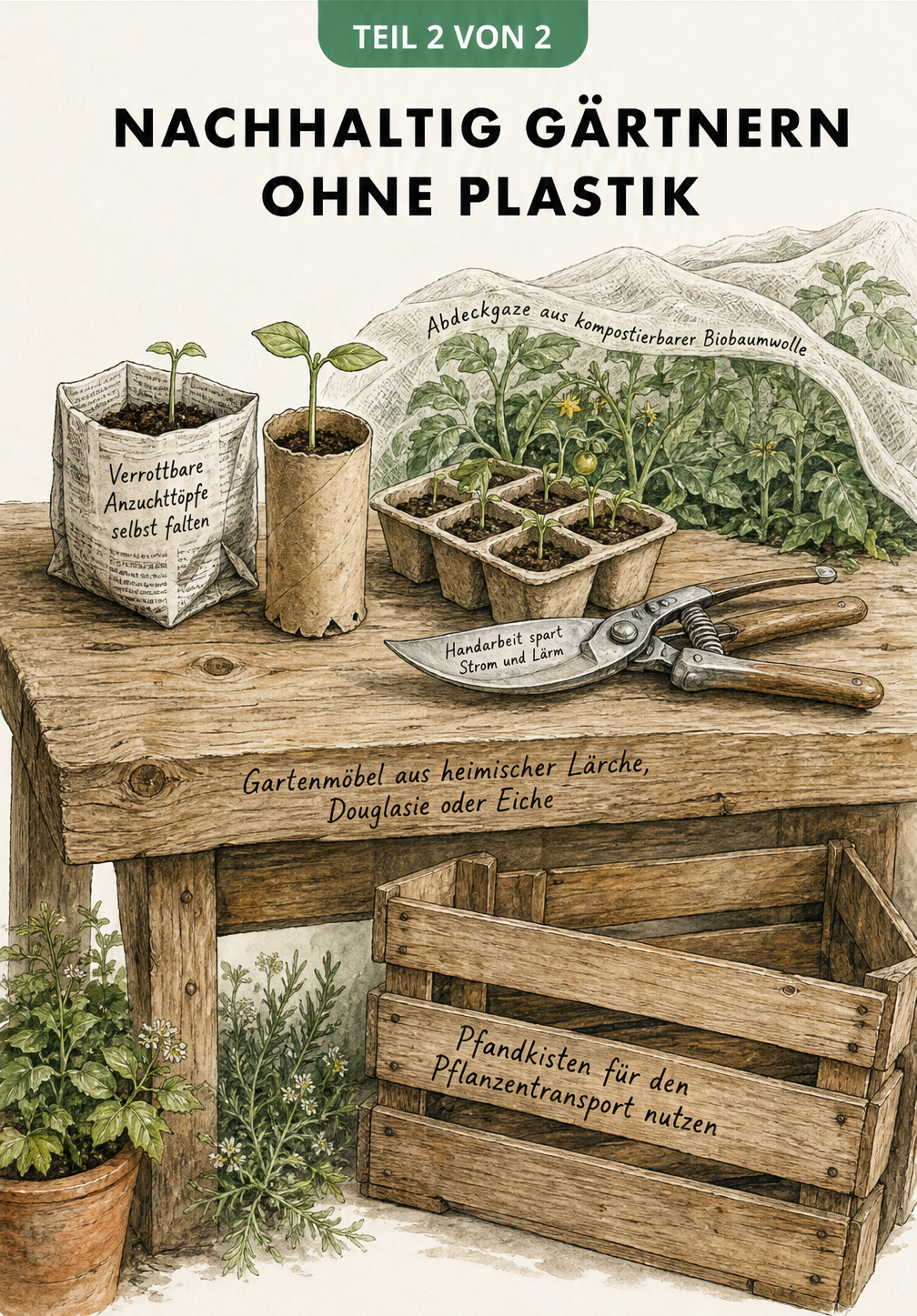 Illustration eines Pflanztisches mit Anzuchttöpfen aus Papier und Gartenschere