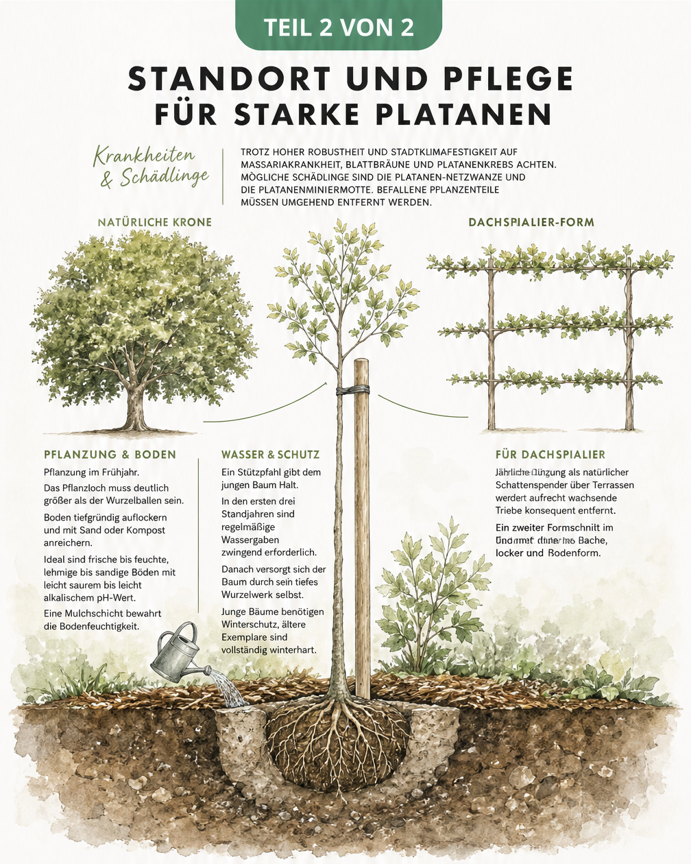 Illustration zur Pflanzung und Pflege der Platane mit Bodenquerschnitt und Kronenschnitt