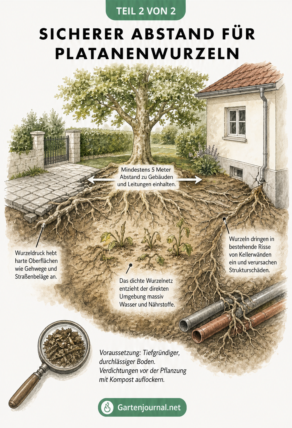 Isometrische Illustration eines Gartens mit einer Platane, die den nötigen Abstand zu Haus und Wegen sowie mögliche Wurzelschäden zeigt.