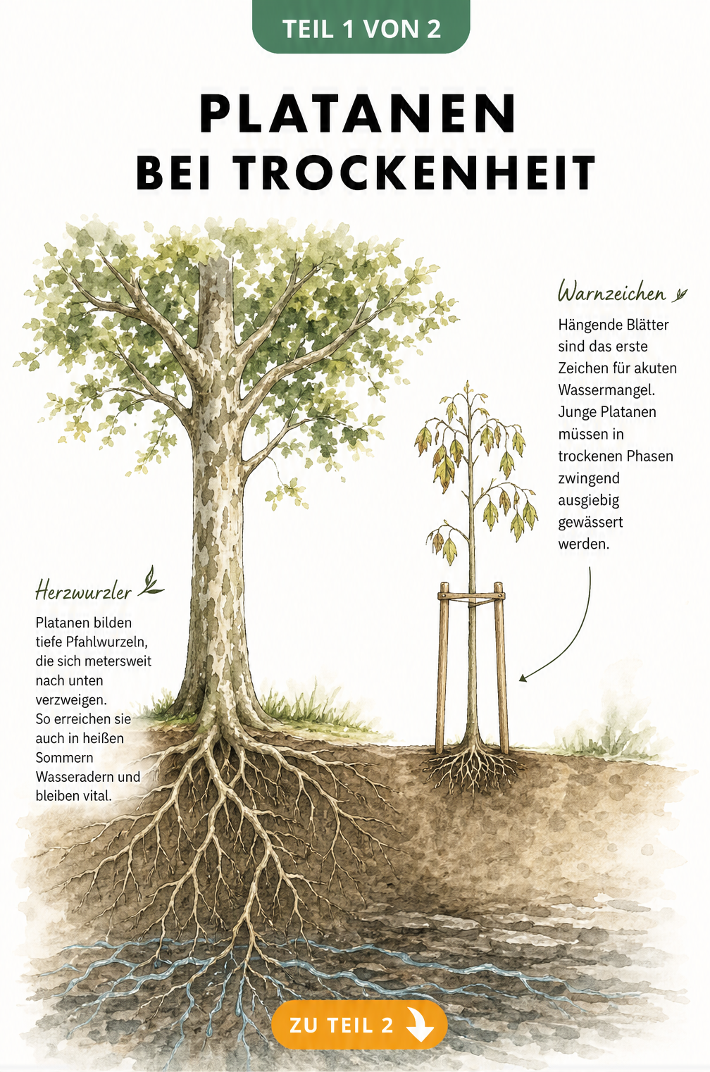 Botanische Querschnitt-Illustration einer Platane als Herzwurzler im tiefen Erdreich neben einer jungen Platane mit schlaffen Blättern bei Trockenheit