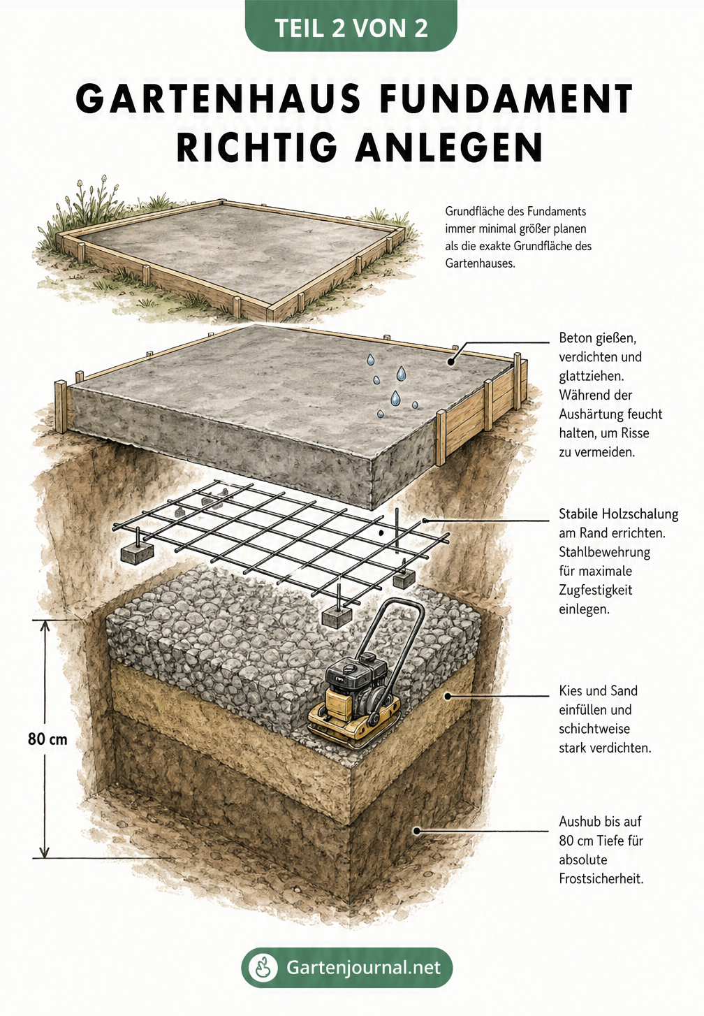 Detaillierter Querschnitt einer Baugrube für ein Plattenfundament mit Schichten aus Kies, Sand, Holzschalung, Stahlbewehrung und Beton.