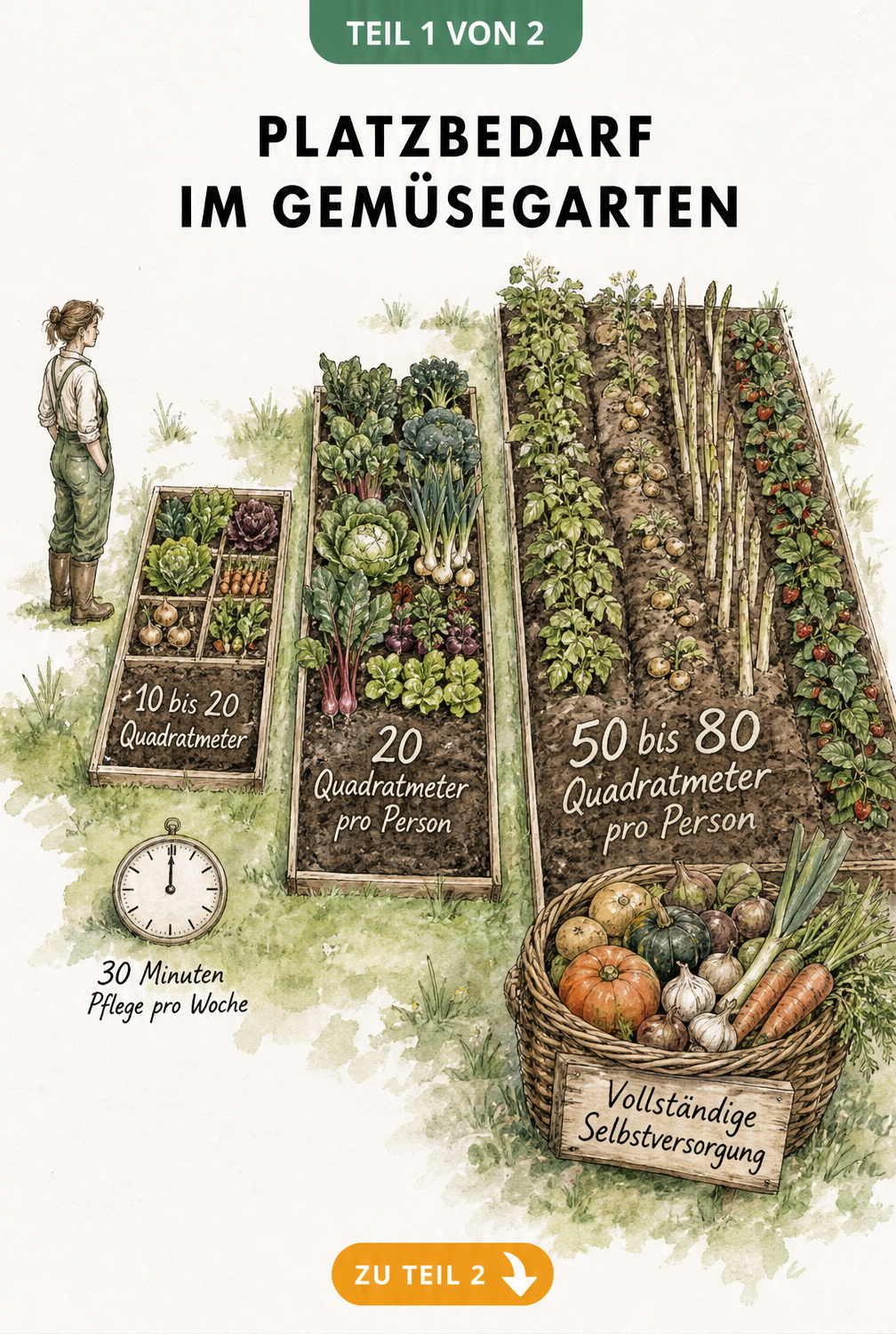 Illustration von drei Gartenparzellen, die den Platzbedarf im Gemüsegarten von 10 bis 80 Quadratmetern pro Person zeigen