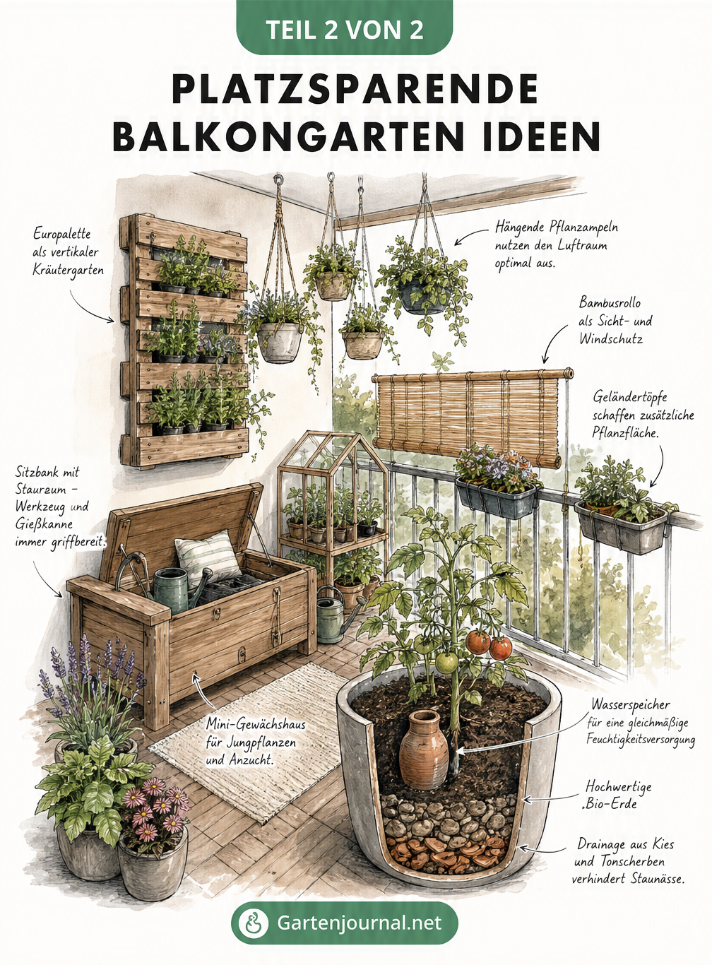 Isometrische Schnittzeichnung eines kleinen Balkons mit platzsparenden Ideen wie vertikalem Garten, Hängeampeln und multifunktionalen Möbeln