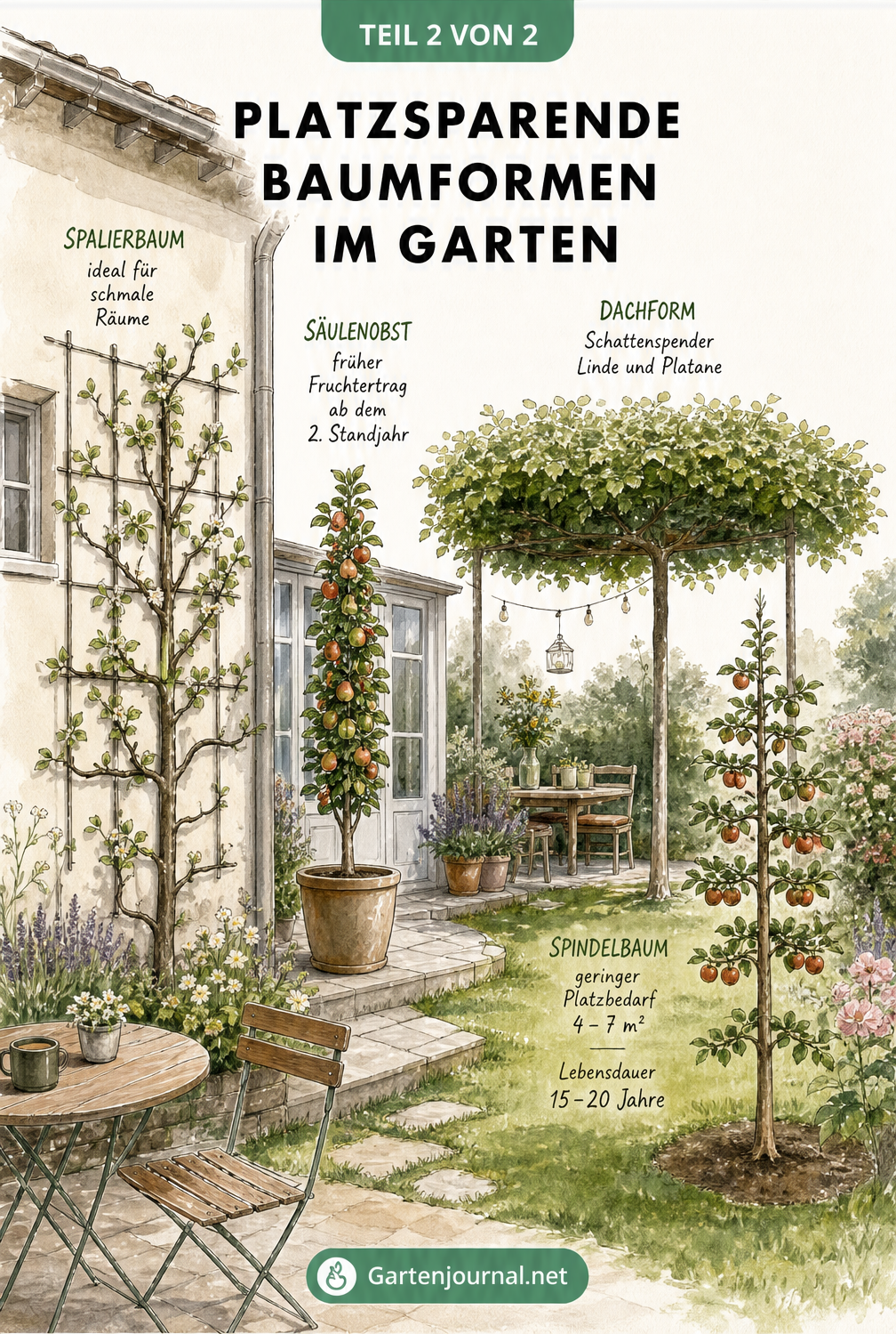 Platzsparende Baumformen im Garten: Spalierbaum, Säulenobst, Dachform und Spindelbaum