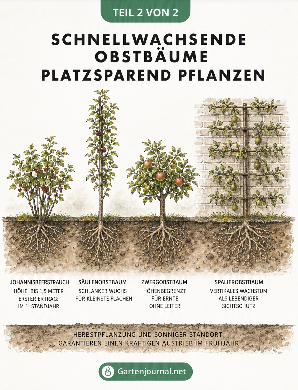 Querschnitt durch ein Gartenbeet mit Johannisbeerstrauch, Säulenobst, Zwergobst und Spalierobst an einer Mauer.
