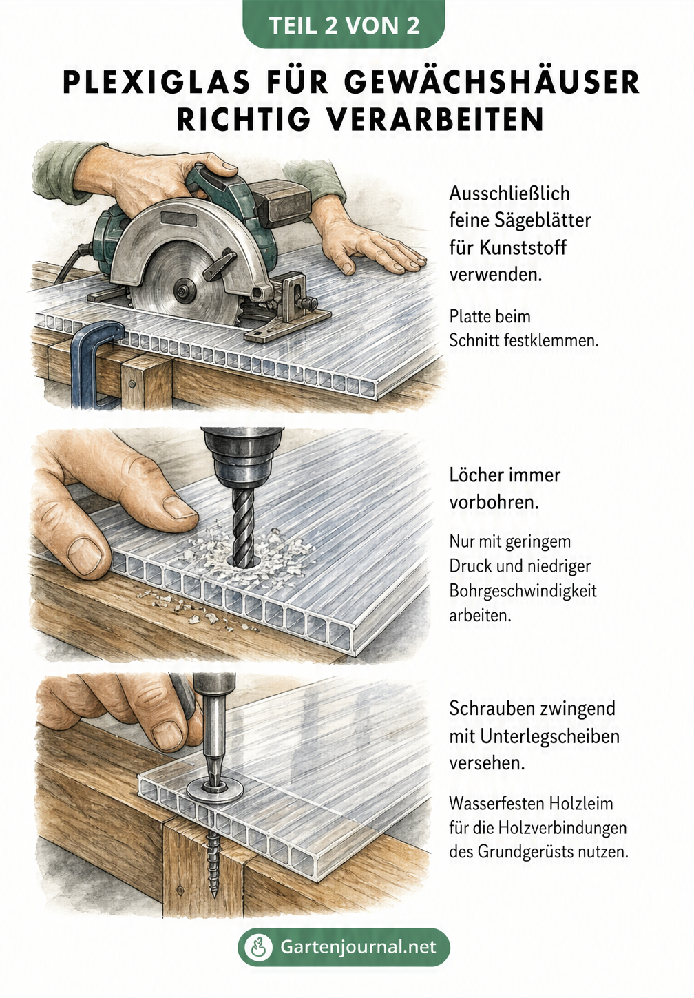 Illustration zur Verarbeitung von Plexiglas-Doppelstegplatten beim Sägen, Bohren und Montieren