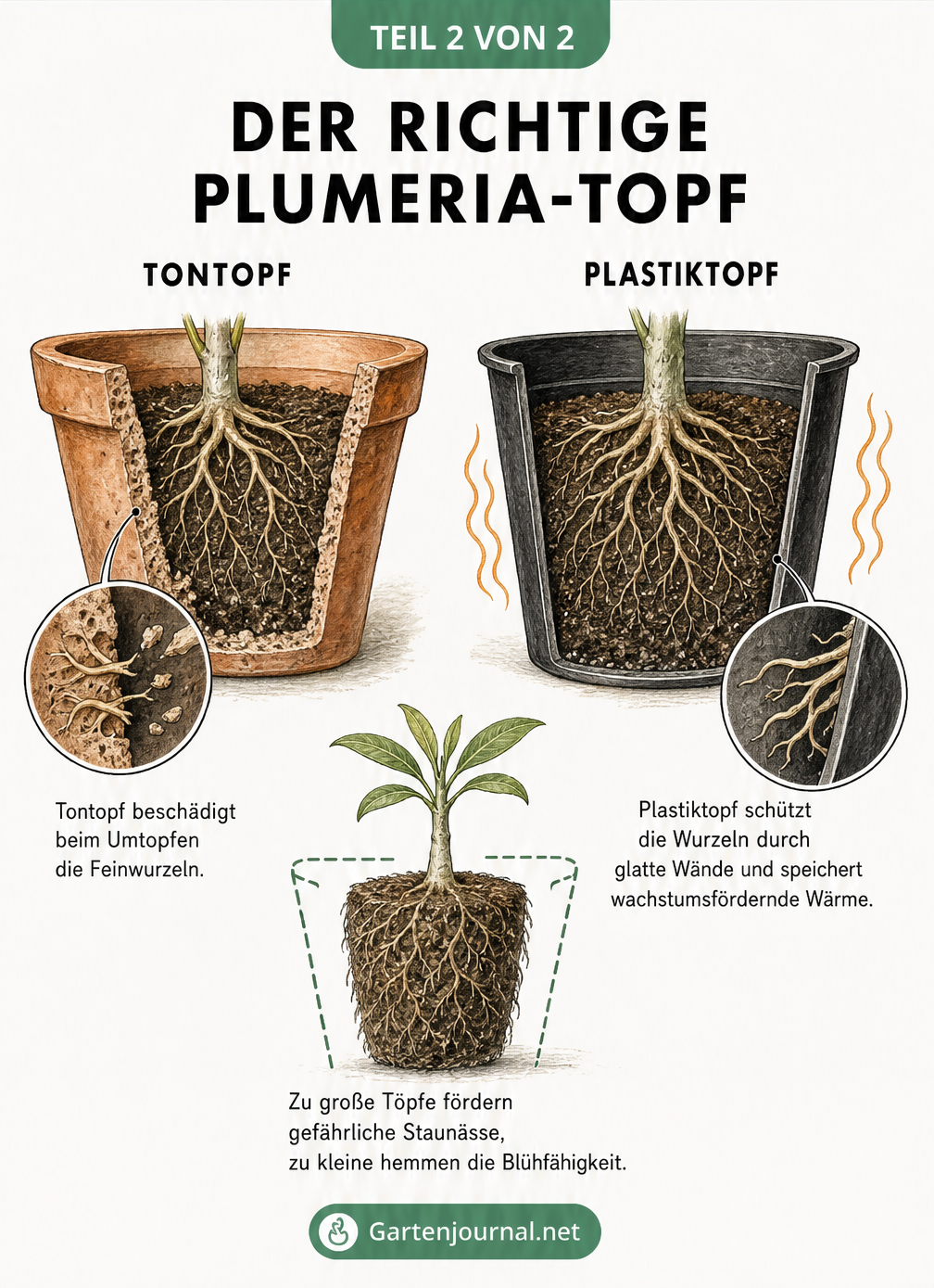 Vergleich von Tontopf und Plastiktopf für Plumerien, der zeigt, wie Wurzeln im Tontopf beschädigt werden und im Plastiktopf geschützt bleiben.