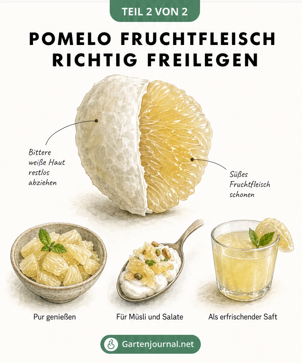 Botanische Zeichnung eines Pomelo-Segments mit freigelegtem Fruchtfleisch