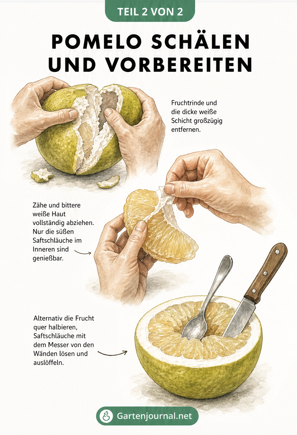 Zeichnung von Händen, die eine Pomelo schälen, die weiße Haut abziehen und die Frucht auslöffeln