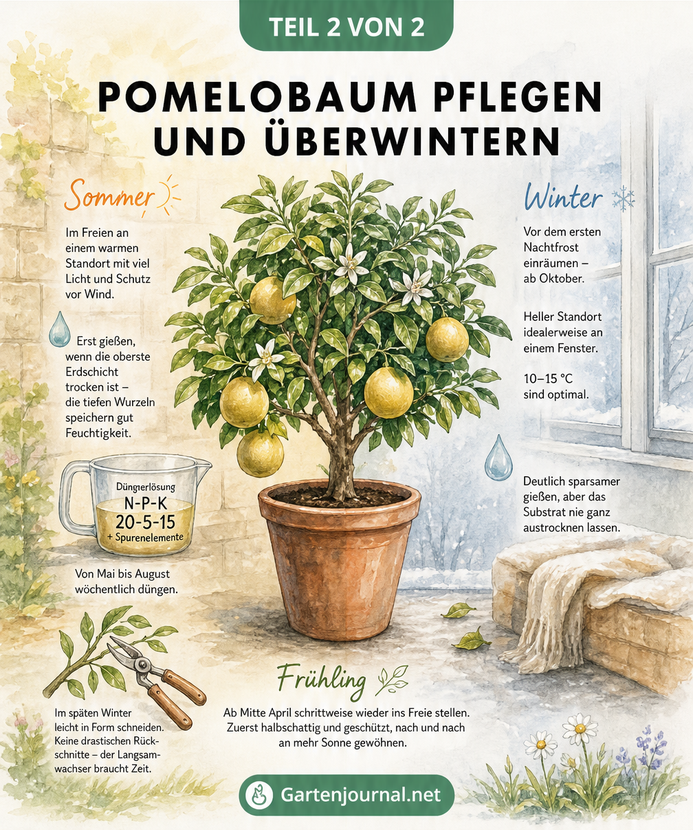 Illustration zur Pflege und Überwinterung eines Pomelobaums im Topf