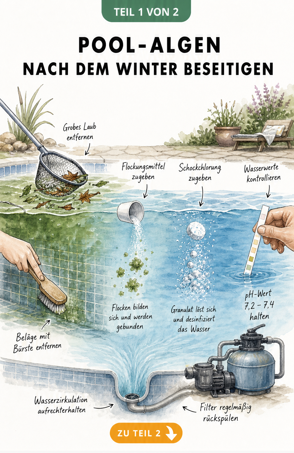 Querschnitt eines Gartenpools mit Arbeitsschritten zur Algenentfernung wie Keschern, Bürsten, Flockungsmittel und Schockchlorung