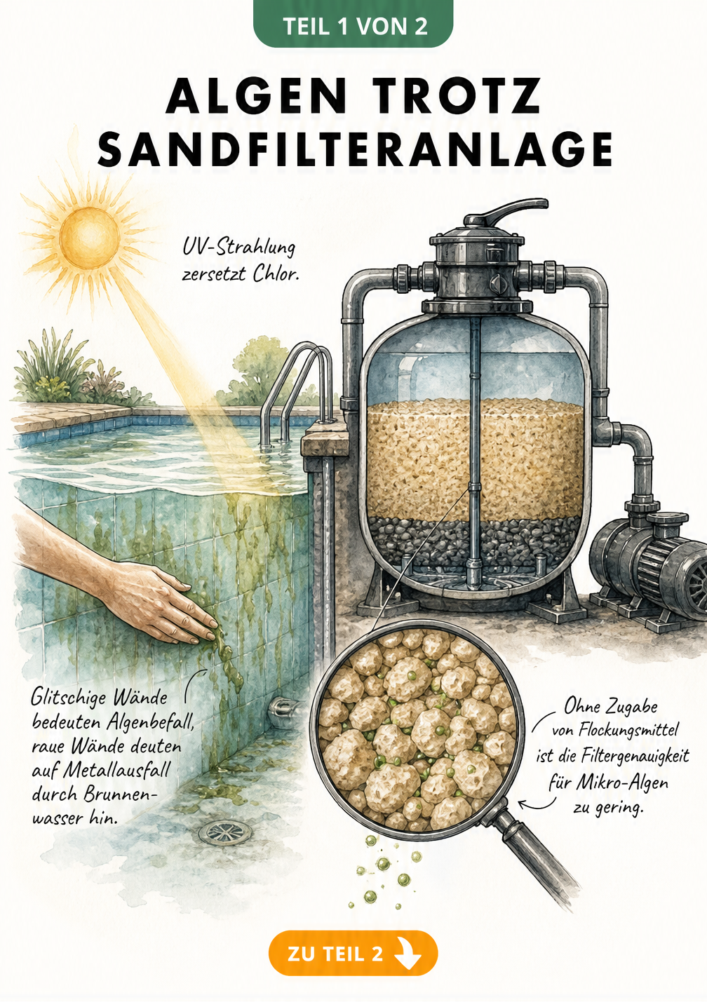 Querschnitt eines Pools und einer Sandfilteranlage, der zeigt, wie UV-Strahlung Chlor zersetzt und Mikro-Algen durch den Sand rutschen.
