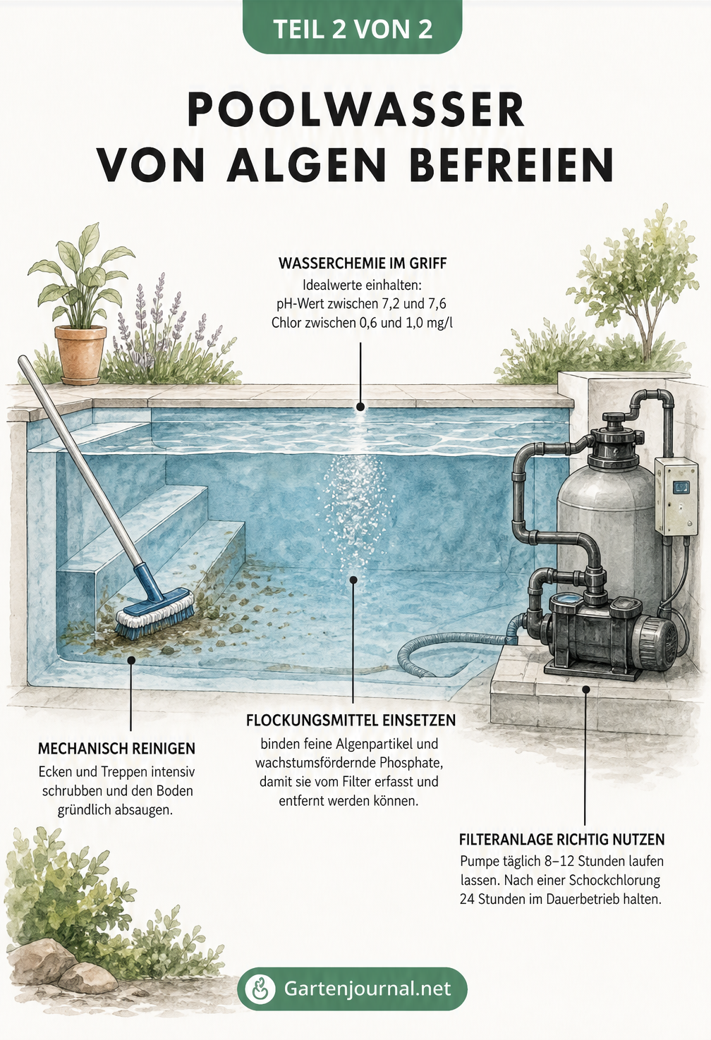 Querschnitt eines Pools mit Filteranlage, der die idealen Wasserwerte und mechanischen Reinigungsschritte zeigt.