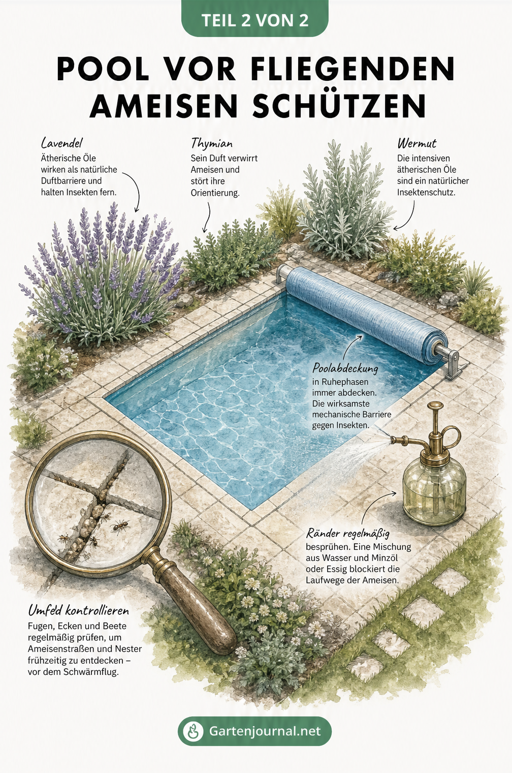 Draufsicht einer Poollandschaft mit Lavendel, Thymian und Wermut als natürliche Barrieren sowie einer Poolabdeckung und einer Sprühflasche mit Minzöl.