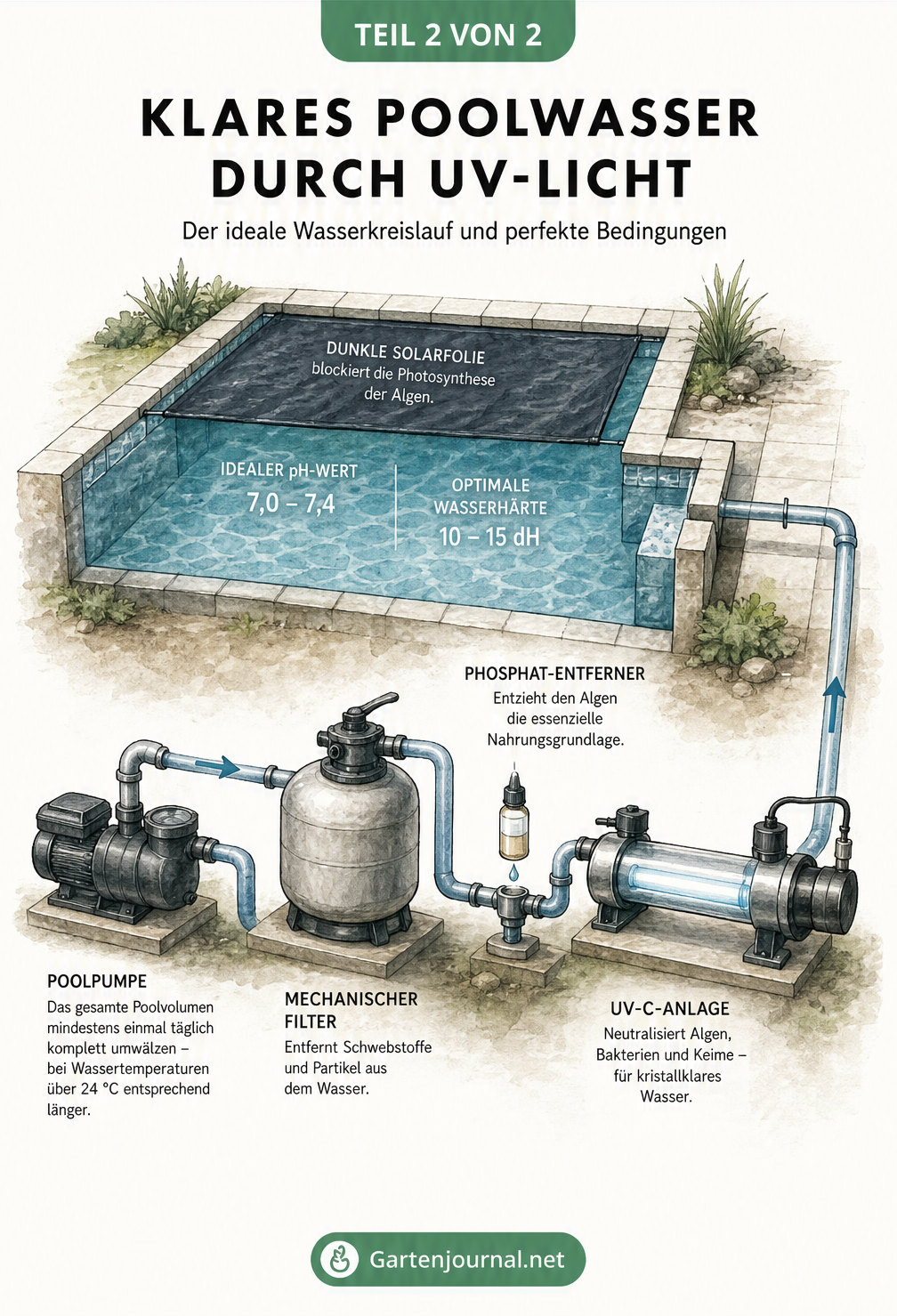 Isometrische Skizze eines Pools mit Wasserkreislauf, Pumpe, Filter und UV-C-Anlage sowie idealen Wasserwerten.