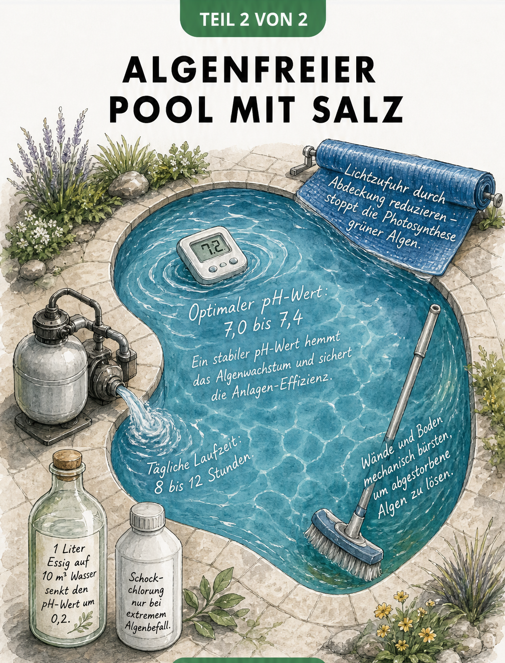 Skizze einer Pool-Landschaft mit Messwerten für pH-Wert, Filterlaufzeit und Tipps zur Algenbekämpfung